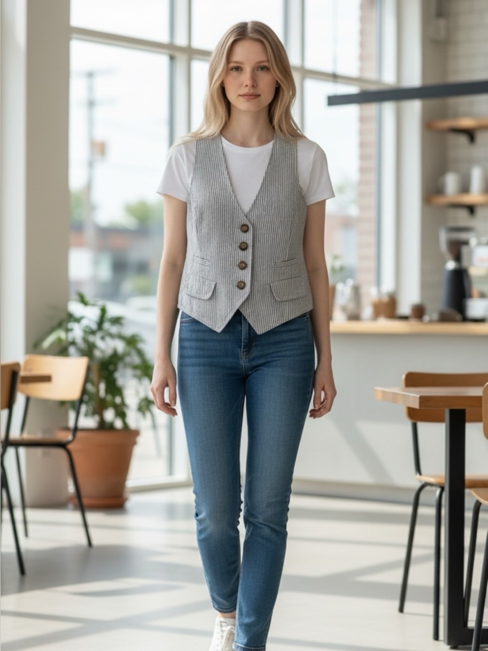 OLD NAVY Gray Striped Vest with Tortoise Shell Buttons